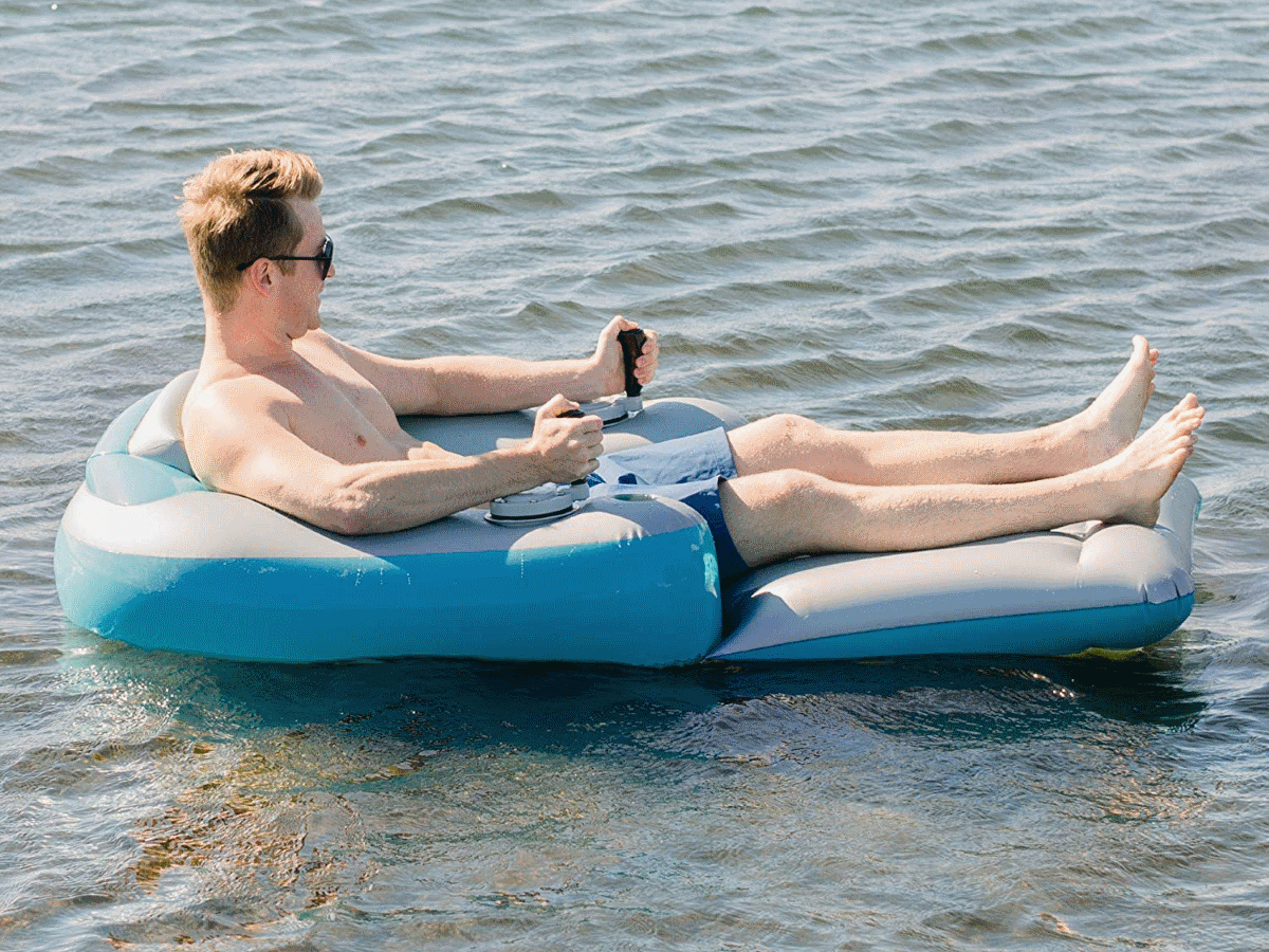 motorized inflatable pool lounger at the lake