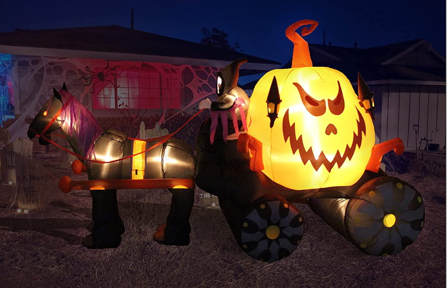 giant grim reaper and pumpkin carriage inflatable